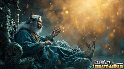 Reclining on a stone throne, a horned elder in teal robes gestures toward warm golden light