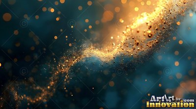 A wave of gold dust and small beads floating through shadowy blue water