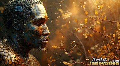 A person with pebble skin stands in golden sunlight beside autumn branches