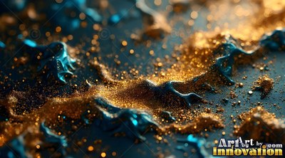 Shiny gold dust washes across dark teal ridges under warm blurred lights