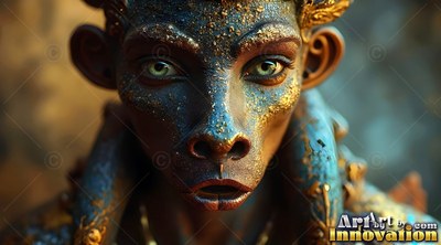 Facing forward, a dark clay figure speckled with gold flakes looks out in soft light