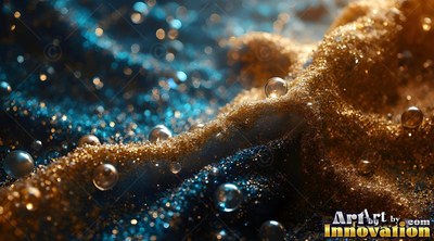 Gold and teal glitter folds over glass beads in soft lighting