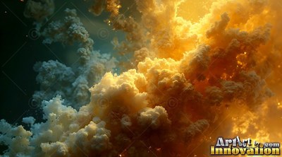 In deep blue water, clouds of orange and white powder drift upward