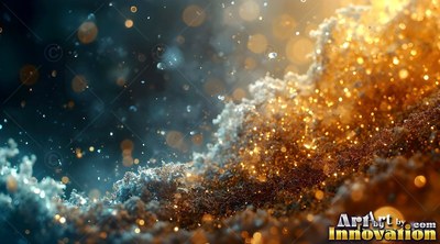 Sparkling with bright yellow light, dark sand meets pale sea foam under warm bokeh circles
