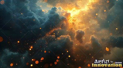Dark storm clouds lit by bright yellow sunlight with orange sparks