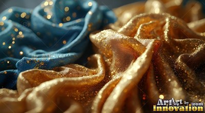Sparkling golden glitter covers folds of silk fabric draped beside soft blue cloth
