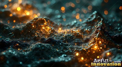 Dark rocky terrain rises into ridges, lit by small warm yellow sparks and soft bokeh lights