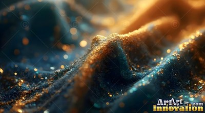 Close up on ridges of blue velvet and gold glitter under warm light