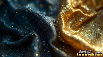Folds of dark blue and yellow gold fabric sprinkled with shiny glitter