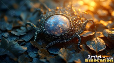 On a bed of dark leaves, a round glass sphere sits in a metallic frame