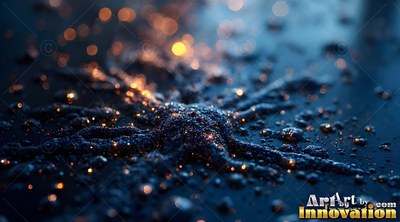 Resting on dark wet ground , sparkling black sand reflects warm orange bokeh lights