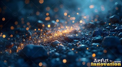 Bright gold sparks scatter over dark blue pebbles in the night