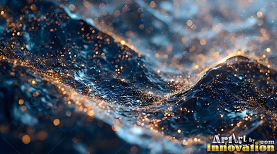 Gold glitter scatters across the crests of rolling dark blue waves under low light