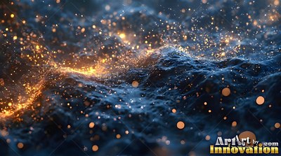 Dark textured water ripples outward, scattering bright golden sparks over deep blue ridges