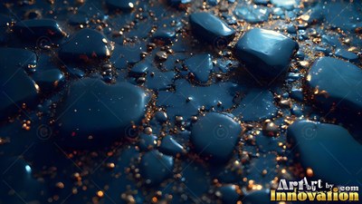 Viewed from above, glossy dark blue stones rest on shiny gold sand grains