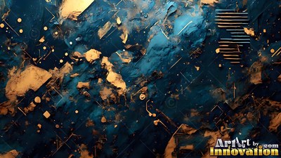 Deep blue mineral textures scatter with small gold flakes and geometric shapes