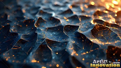 Across midnight blue textured rock, small gold sparks shine along fine geometric lines