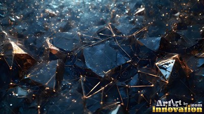 Resting in dark shadows, geometric black rocks are linked by thin gold wires