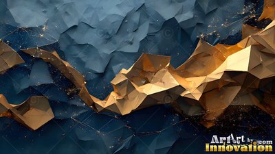 Geometric gold paper shapes on dark blue folded paper