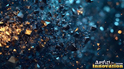Angular dark stone fragments burst across a deep blue space lit by warm golden sparks