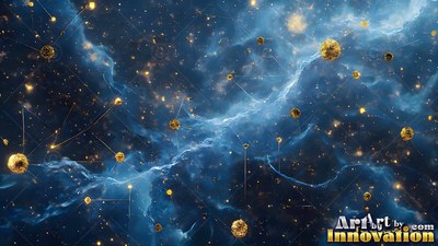 Gold spheres drift through blue smoke with points of yellow light shining across them
