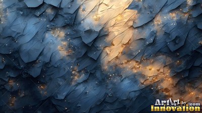 Seen straight on, cracked blue slate rocks shine with warm yellow light