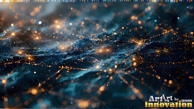 Across a shadowy blue landscape, tiny yellow lights connect like a city at night