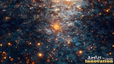 Sh ining with orange sparks, dark wet pebbles cover the ground in dim blue light