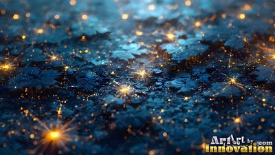 Gold points of light shine over dark blue leaves