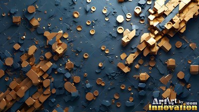 Angular gold cubes and rings scattered across a deep blue rough surface