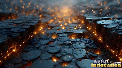 Dark flat stones sit on the ground as warm orange sparks drift into the air