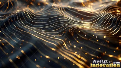 Curving across a dark surface, bright gold lines ripple like waves
