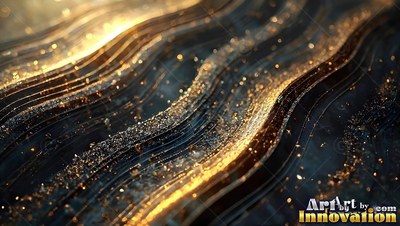 Glittery gold dust settles into dark wavy grooves under warm light