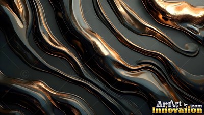 Across a dark gray surface, ribbons of shiny black and bronze metal flow in waves