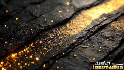 Shining through deep cracks, sparkling gold dust settles along black stone surface