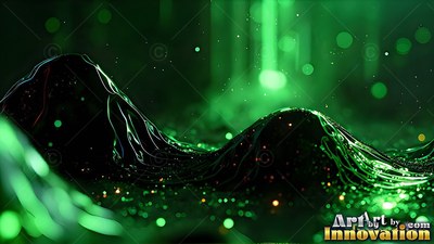 Glossy ridges curve through dark green fluid across a dark field of soft green light