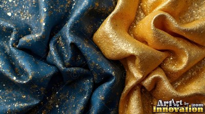 In soft light, folds of blue and gold textured cloth rest together side by side