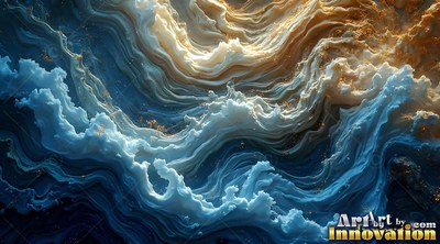 Thick white foam tops swirling blue and gold fluid waves under warm light