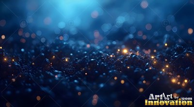 Dark rocky ground spreads under deep blue light with small scattered golden sparks