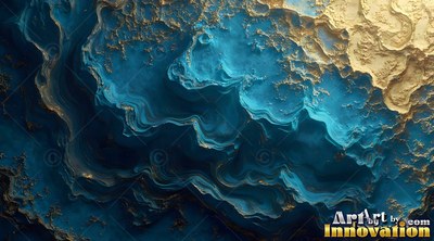 Seen from above, deep blue fluid layers meet rough gold ridges across the surface