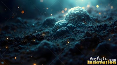 Small golden lights hover above rough mounds of midnight blue soil