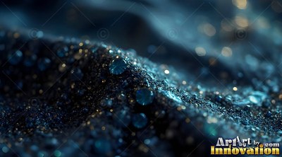 On dark folded fabric, clear water droplets catch blue and gold light