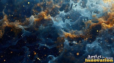 Spashing water mixes with dark gold sand under soft blue light