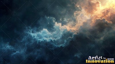In a dark night sky, blue and golden storm clouds billow together