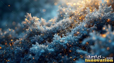 Sparkling with warm fireflies, blue frost covers pine needles in the dark cold night