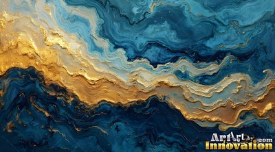 Swirling thick layers of blue and gold paint across the surface
