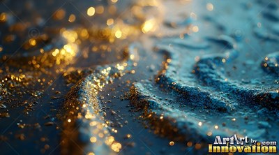 Golden sparkles dust wavy ridges of blue sand across a dark wet surface