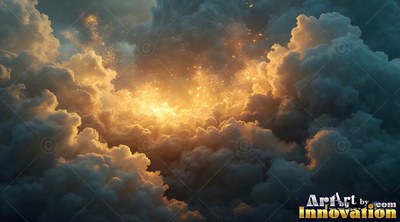 Seen from above, warm gold light shines inside dark storm clouds
