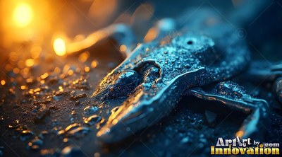 A wet metal tool lies on dark ground near warm yellow light