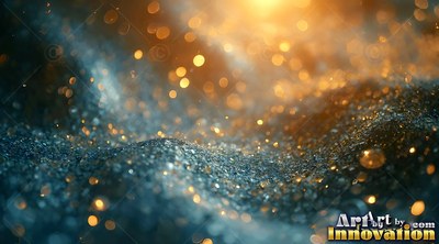 Under warm yellow light, rolling dunes of deep blue glitter shine with golden sparks